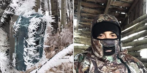 The picture on the left shows just how cold it was in Saskatchewan as the moisture in the air formed ice crystals on the trail camera. The picture on the right shows just how warm I was sitting all day in my IWOM. Canada Hunting with IWOM XT Hunting Suit