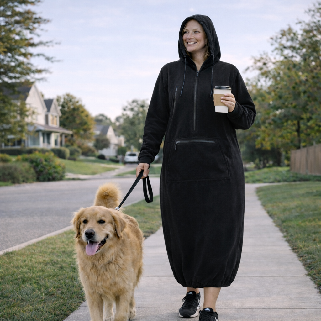 Woman in a black hooded outfit walking a dog on a leash in a suburban neighborhood.