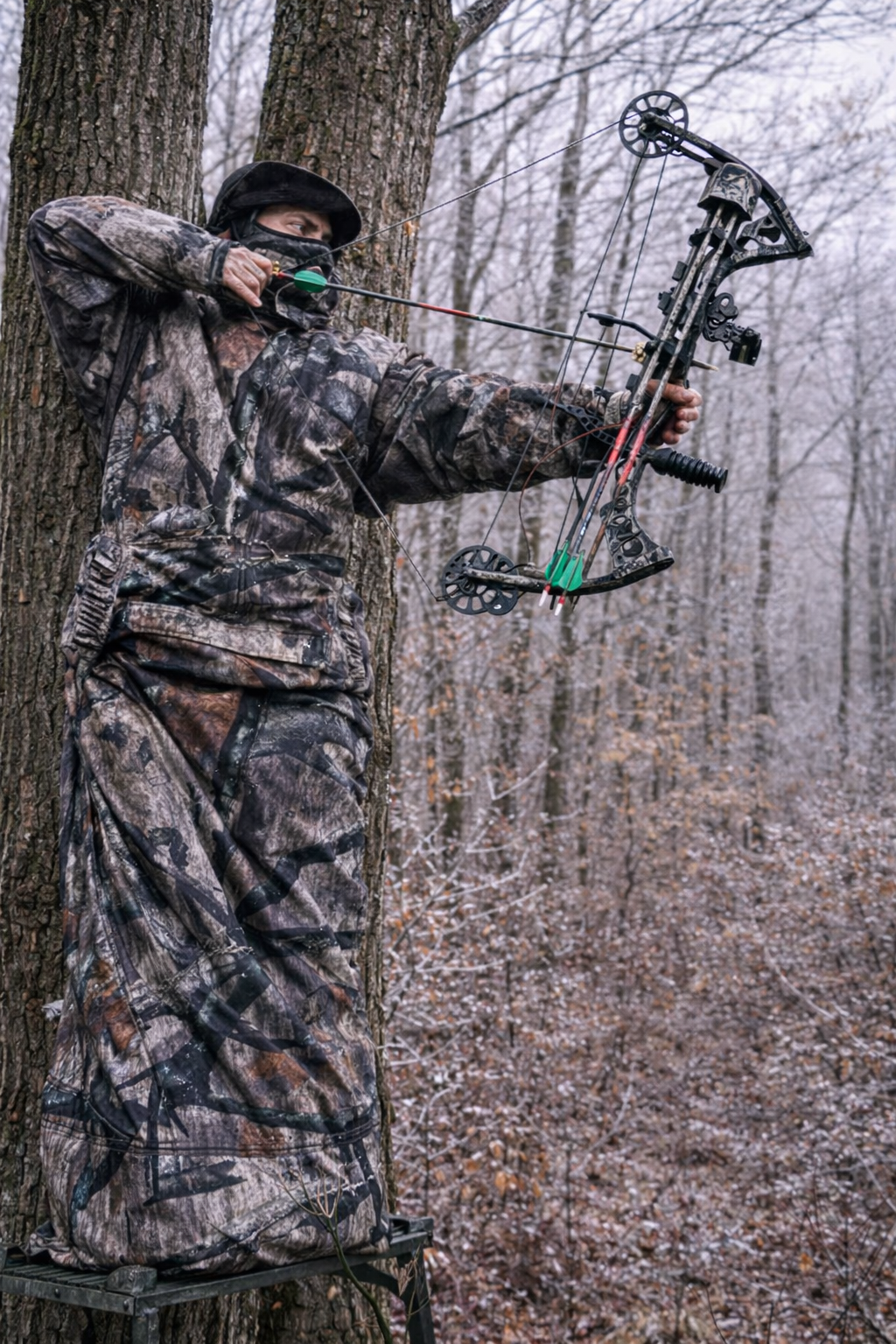 Person in camouflage attire with a bow in a wooded area