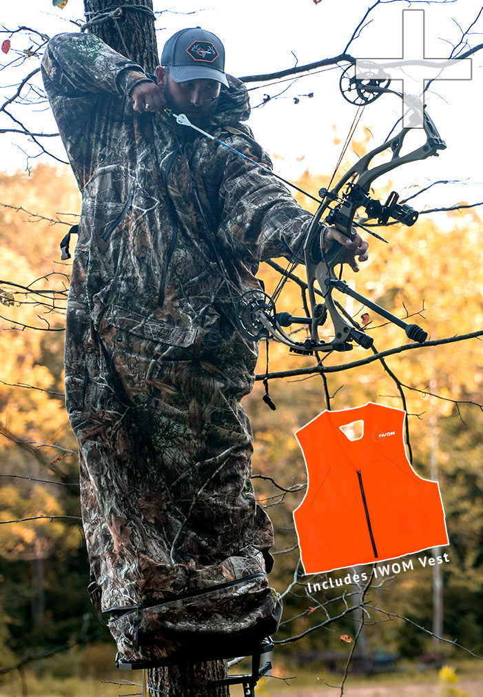 IWOM XT+ Insulated Realtree Camo Hunting Suit with orange vest in archery bow treestand