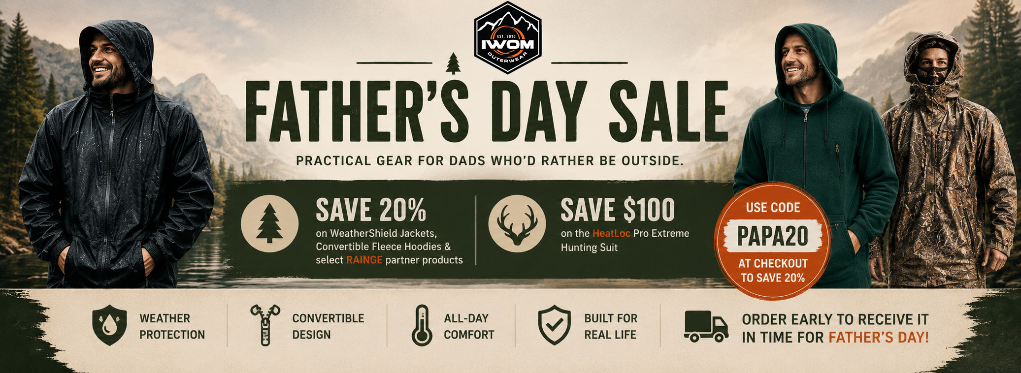 Father's Day sale advertisement with two men in outdoor gear and promotional text.