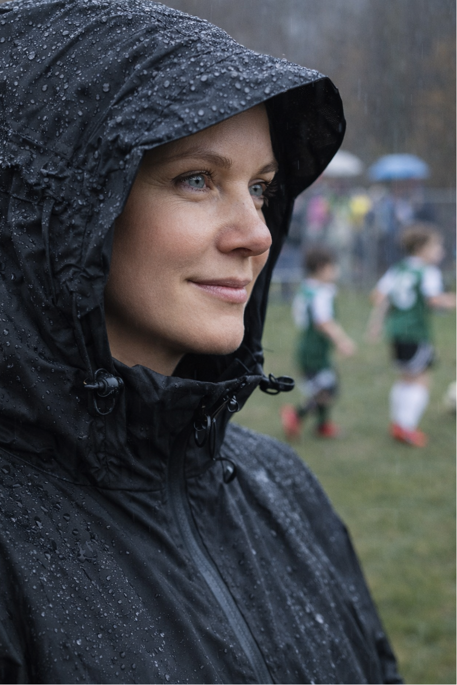 Person wearing a black raincoat with a hood in a rainy outdoor setting black. 