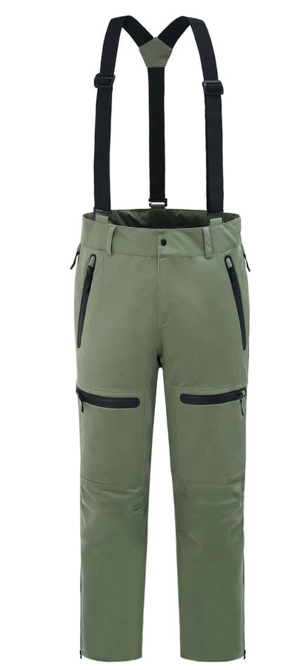 Olive Green pants with black suspenders on a white background