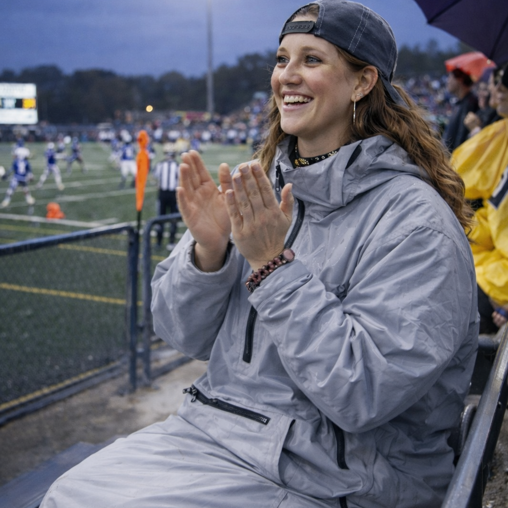 Person clapping on a sports field with stadium lights in the background