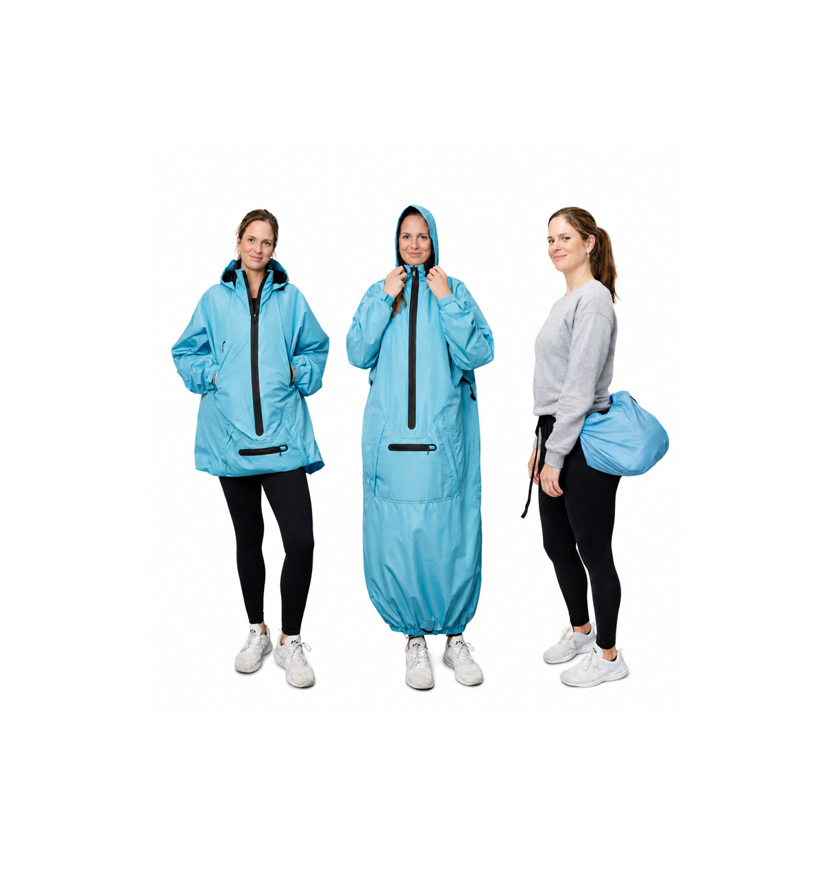 Three modes of Weathershield in a light blue color. Jacket mode full length and fanny pack. 
