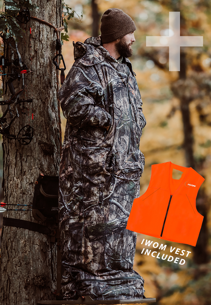 IWOM XT+ Insulated Camo Hunting Suit With Orange Vest traps body heat for archery and rifle season