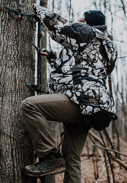 IWOM XT Insulated Camo Hunting Suit climbing treestand in jacket mode in whitetail archery deer season