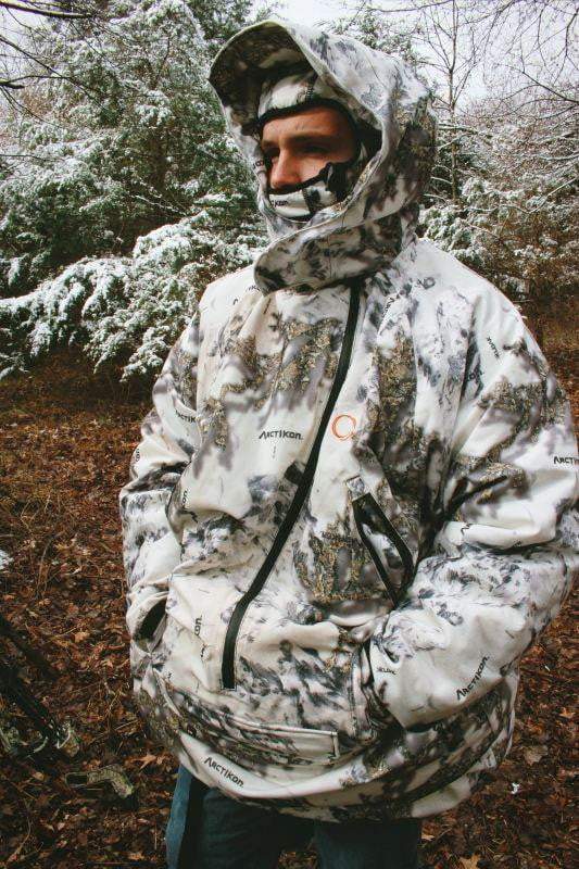 IWOM Outerwear camo Hunting Suit Kloak ArctiKon | White Snow Camo Coveralls | Body Heated Hunting Jacket